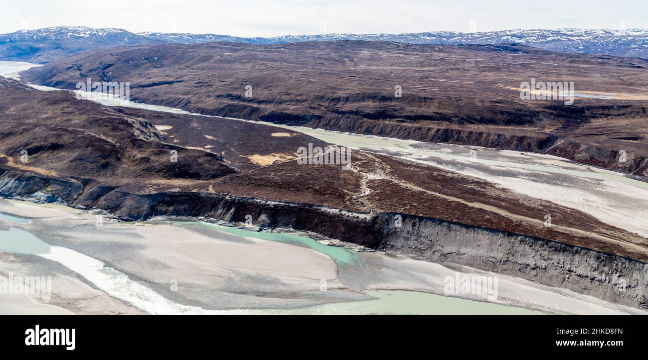 Greenlandic tundra landscape with  river from ice cap melting, aerial view, near Kangerlussuaq, Greenland Stock Photo