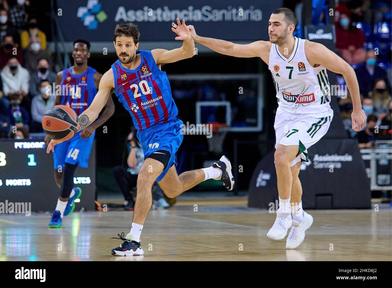 Barcelona, Spain. 03rd Feb, 2022. 3rd February 2022; Palau Blaugrana;  Barcelona; Spain; Turkish Airlines Euroleague Basketball; FC Barcelona  Barça vs Panathinaikos; Nicolas Laprovittola (Barça) and Lefteris  Bochoridis (Panathinaikos) 900/Cordon Press ...