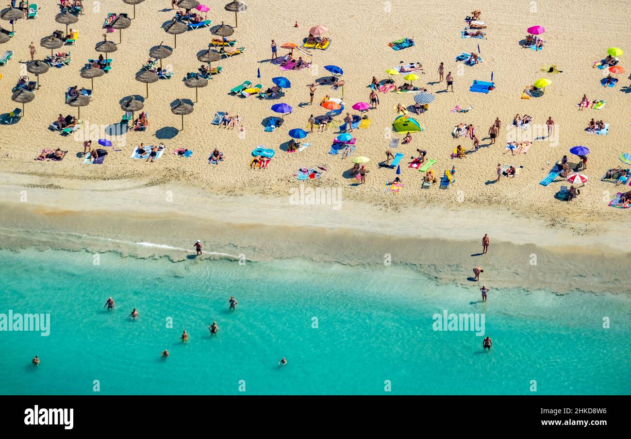 Aerial view, beach life and sunbathing with umbrellas, Las Maravillas, Palma, Majorca, Balearic Islands, Spain, bathers, ES, reception building, Europ Stock Photo