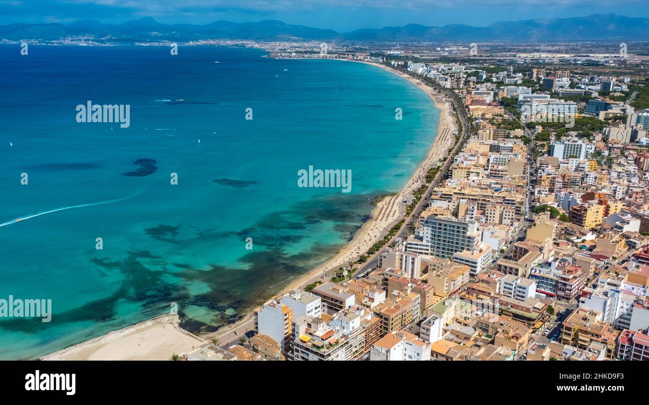 Aerial view, Bay of Palma with sandy beach and hotel facilities, Las Maravillas, Palma, Mallorca, Balearic Islands, Spain, ES, Europe, gastronomy, hot Stock Photo