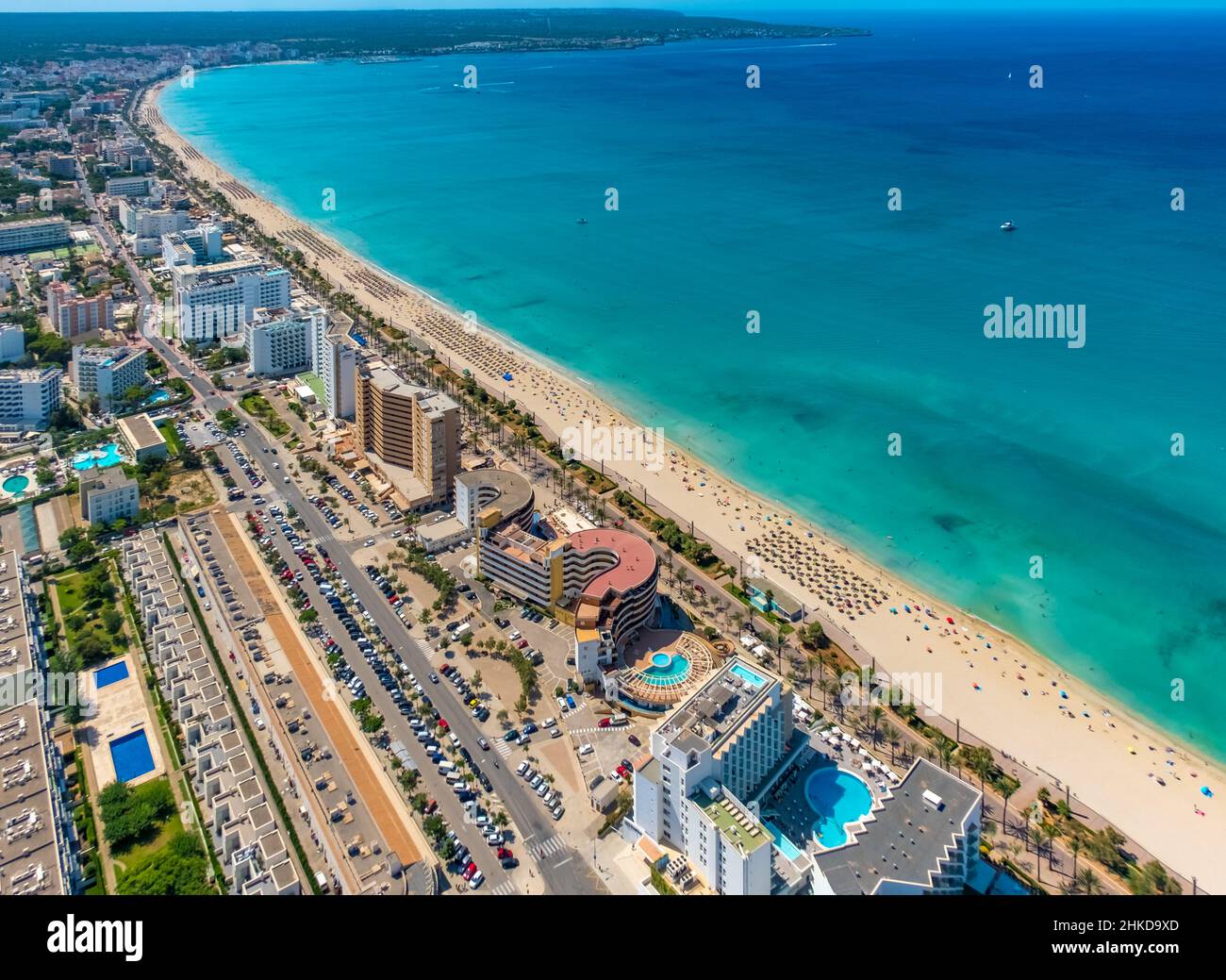 Aerial view, Bay of Palma with sandy beach, hotel facilities, Las Maravillas, Palma, Mallorca, Balearic Islands, Spain, ES, Europe, gastronomy, hotel, Stock Photo