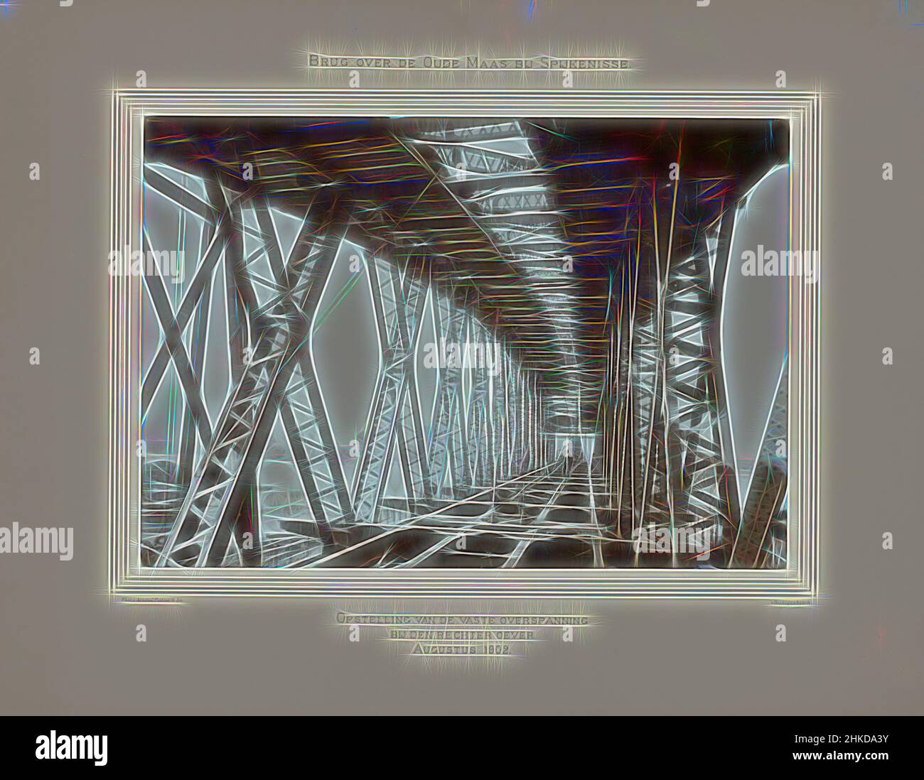 Inspired by Construction of the Bridge over the Maas River at Spijkenisse, Construction of the Bridge over the River Maas at Spijkenisse, Netherlands, Arnaud Pistoor & Zoon, Den Bosch, Aug-1902, height 294 mm × width 420 mm, Reimagined by Artotop. Classic art reinvented with a modern twist. Design of warm cheerful glowing of brightness and light ray radiance. Photography inspired by surrealism and futurism, embracing dynamic energy of modern technology, movement, speed and revolutionize culture Stock Photo
