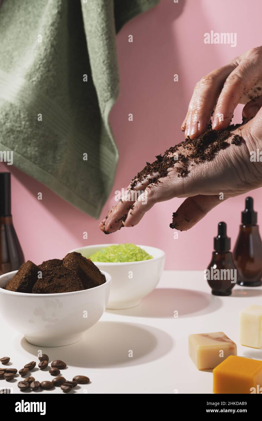 Hand and body scrub from the coffee grounds of an espresso machine