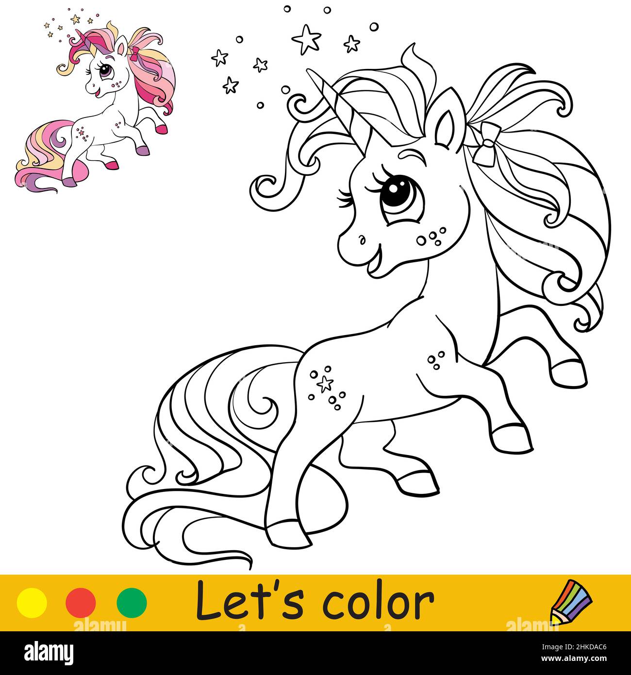 cute and funny little unicorn pink long mane coloring book page with color template vector cartoon illustration for kids coloring card print des stock vector image art alamy