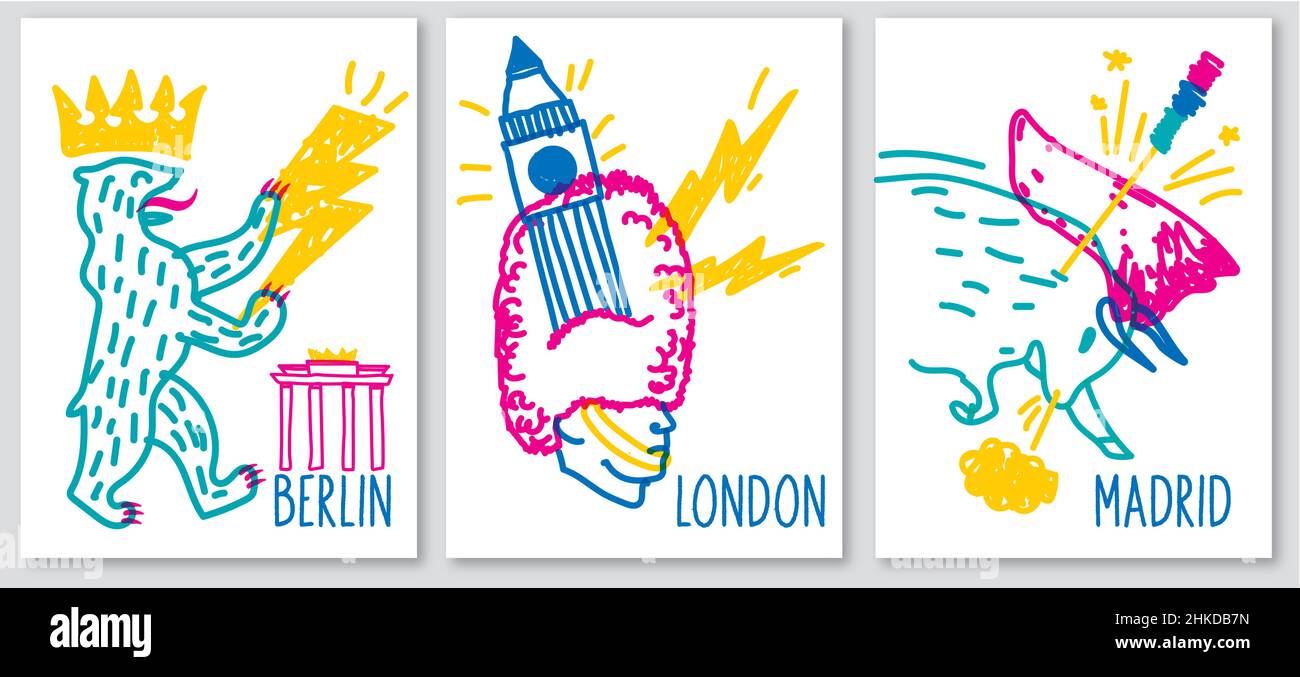 Doodle posters of various symbol cities Stock Vector