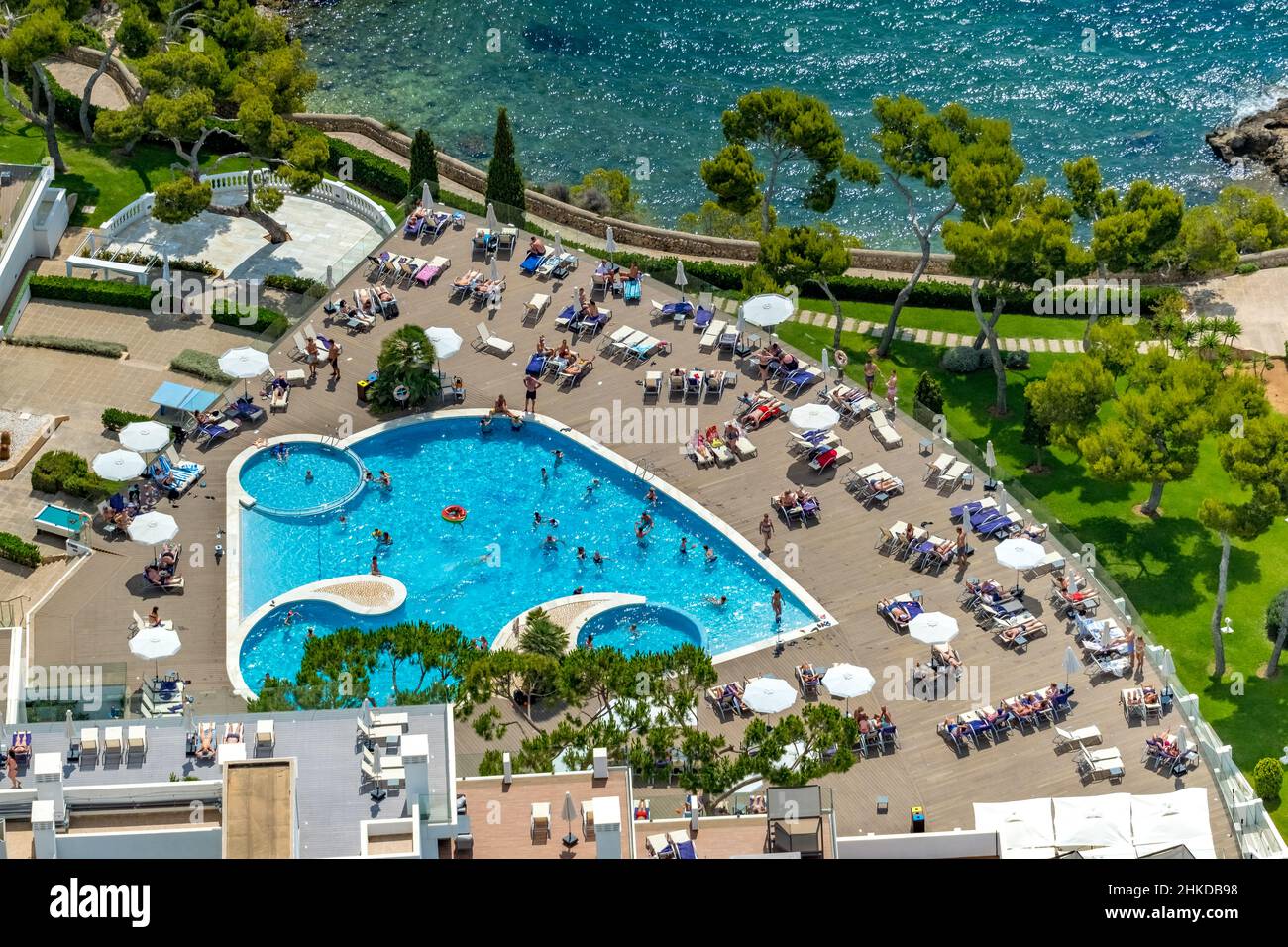 Aerial view, swimming pool on the roof Aparthotel Ponent Mar, Portals Nous, Calvià, Mallorca, Balearic Islands, Spain, bathers, seaside resort, ES, Eu Stock Photo