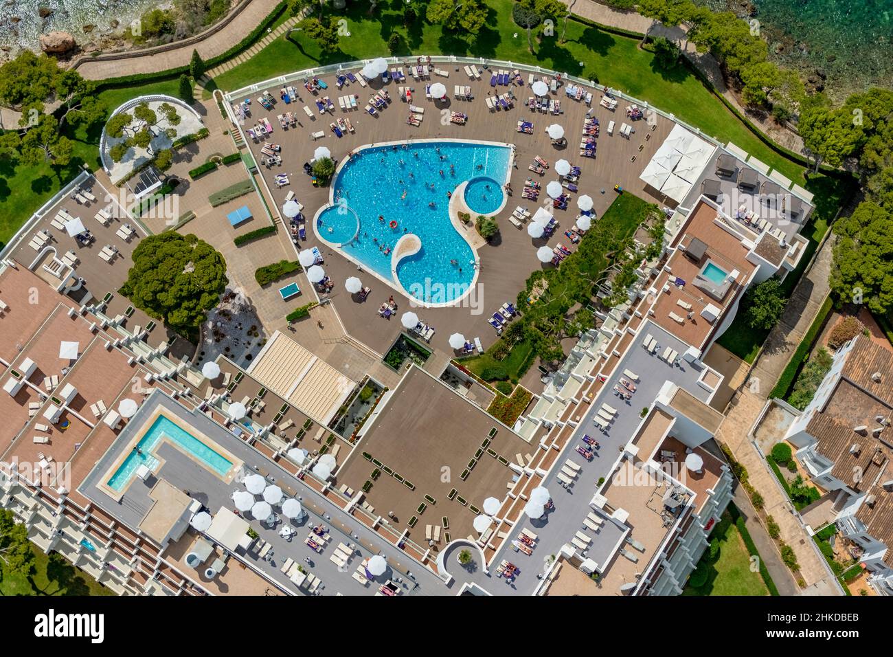 Aerial view, swimming pool on the roof Aparthotel Ponent Mar, Palmanova, Calvià, Mallorca, Balearic Islands, Spain, bathers, seaside resort, ES, Europ Stock Photo