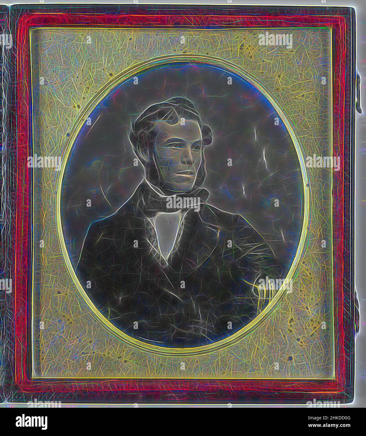 Inspired by Portrait of an unknown man, William Edward Kilburn, 1852 - 1855, copper (metal), glass, height 71 mm × width 61 mm, Reimagined by Artotop. Classic art reinvented with a modern twist. Design of warm cheerful glowing of brightness and light ray radiance. Photography inspired by surrealism and futurism, embracing dynamic energy of modern technology, movement, speed and revolutionize culture Stock Photo