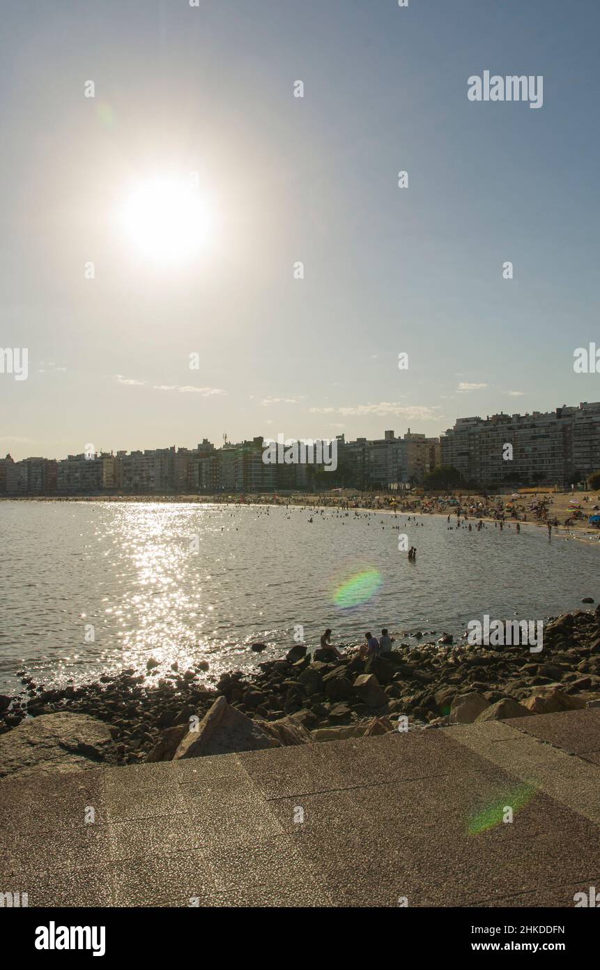 Montevideo, Uruguay - 11th January 2022 - Beautiful sunset on Pocitos beach with bathers on a summer day in Montevideo Uruguay. Stock Photo