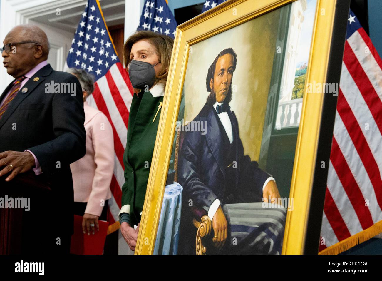 Washington, USA. 03rd Feb, 2022. United States Speaker of the House Nancy Pelosi (R) stands beside a portrait of Joseph H. Rainey, as Democratic Representative from South Carolina James Clyburn (L) speaks during an unveiling ceremony for the Joseph H. Rainey Room, on Capitol Hill in Washington, DC, USA, 03 February 2022. Rainey was the first black person to serve in the United States House of Representatives. (Photo by Pool/Sipa USA) Credit: Sipa USA/Alamy Live News Stock Photo