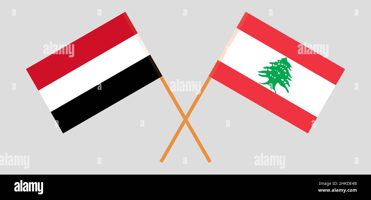 Crossed flags of Lebanon and Yemen. Official colors. Correct proportion. Vector illustration Stock Vector