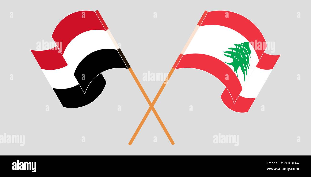Crossed and waving flags of Lebanon and Yemen. Vector illustration Stock Vector