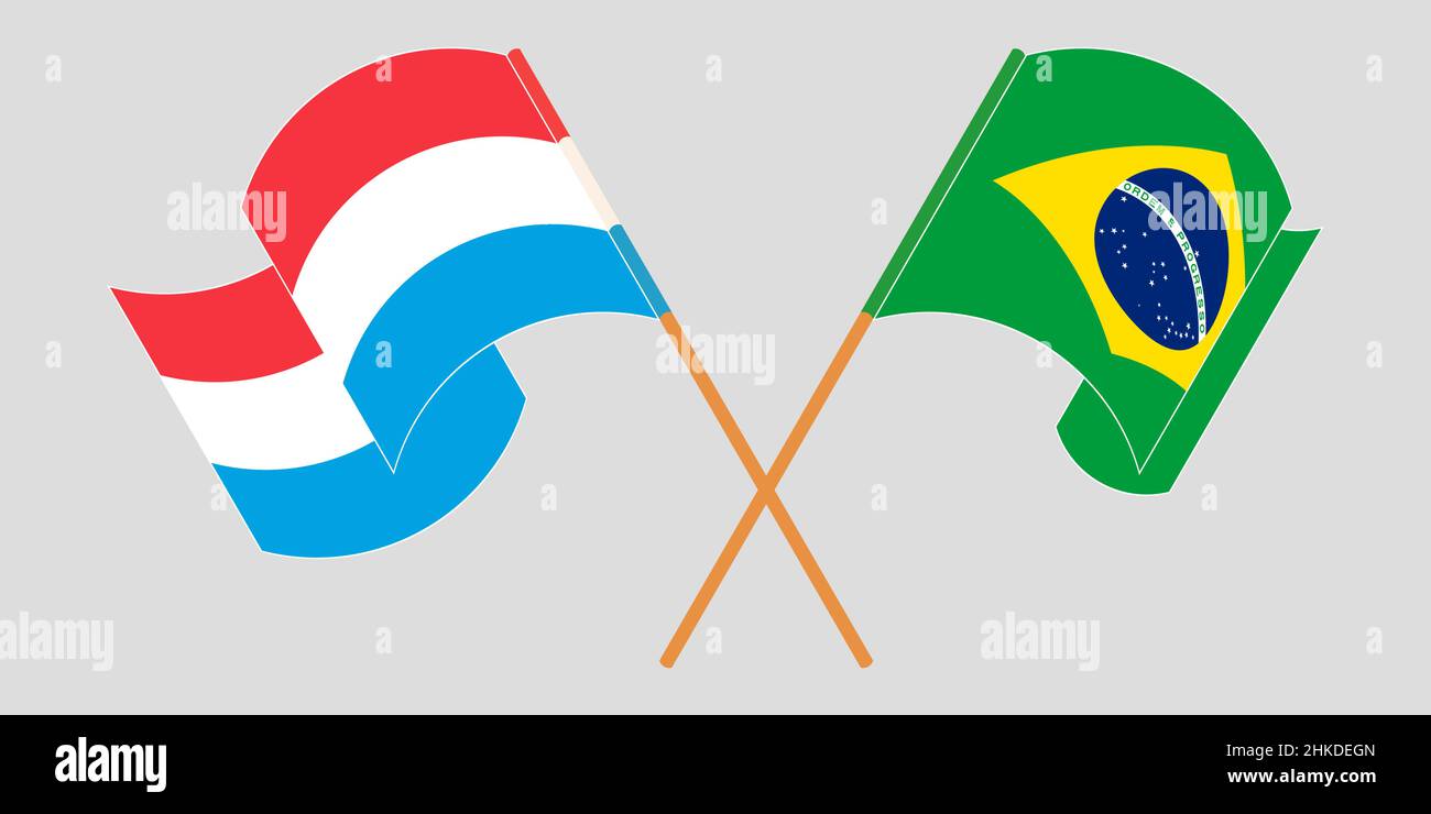 Crossed and waving flags of Luxembourg and Brazil. Vector illustration Stock Vector