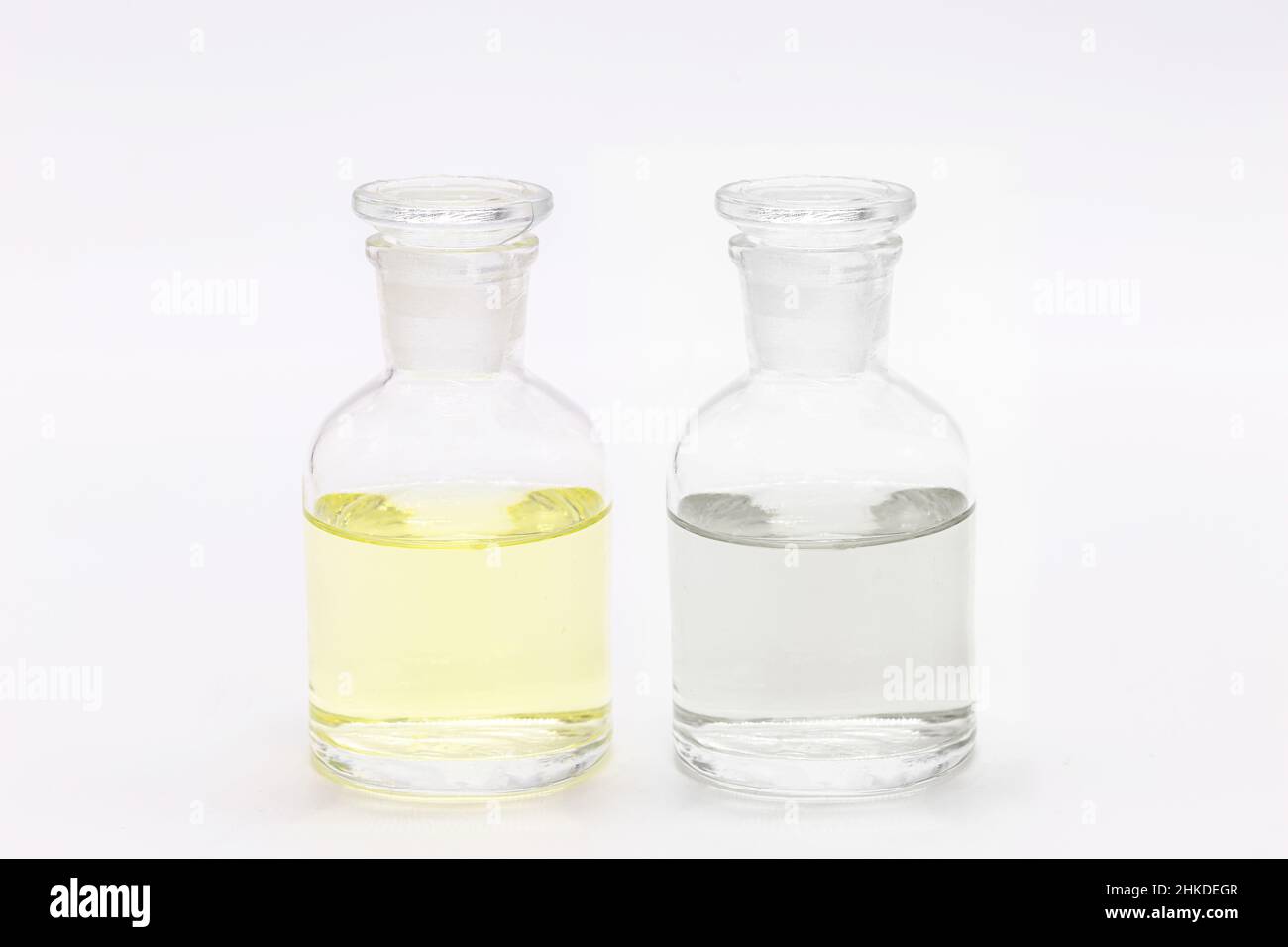 bottle of sodium chlorite next to activator Hydrochloric acid HCL, purifying chemicals and powerful disinfectants Stock Photo