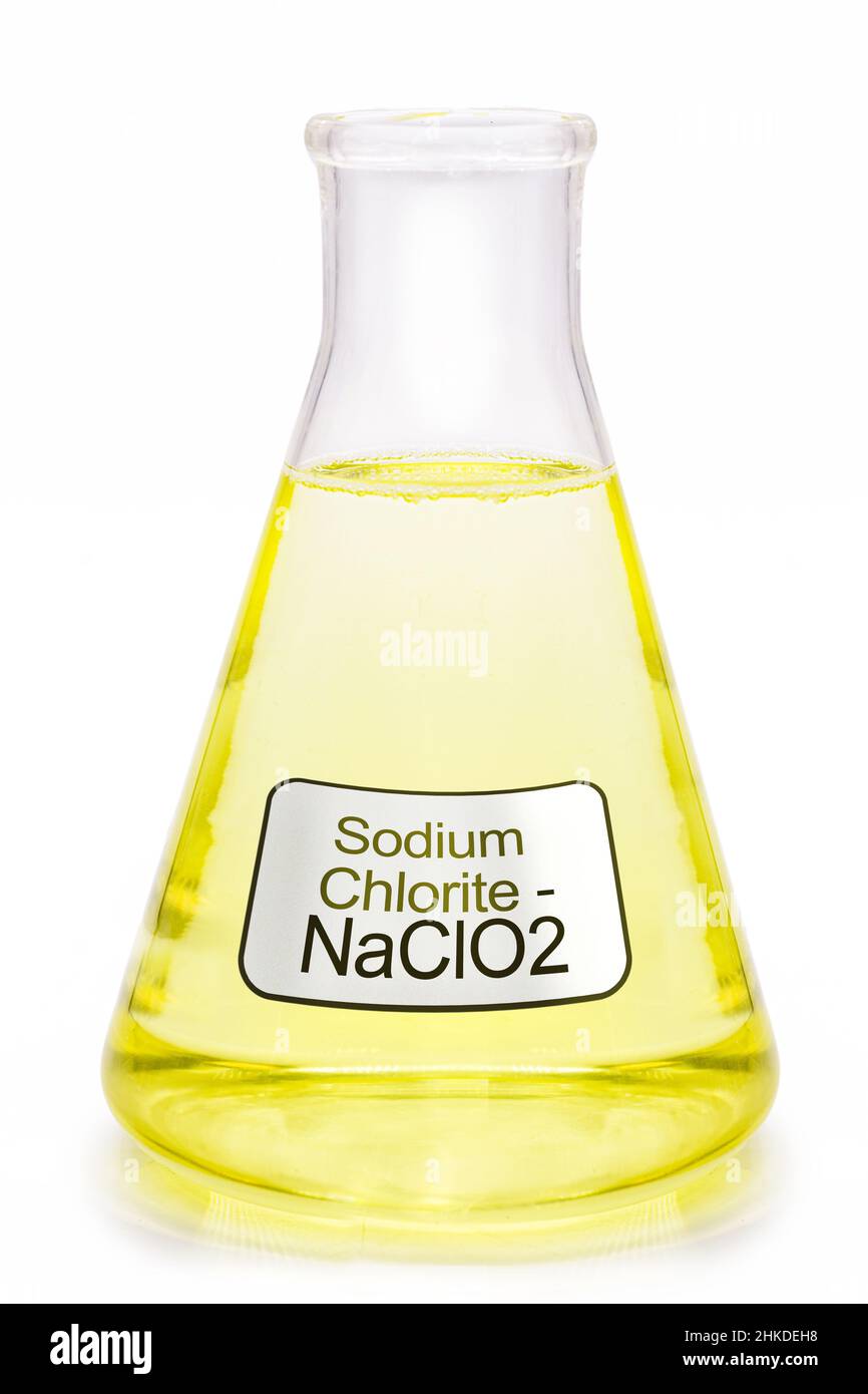 sodium chlorite, a chemical compound used to combat scale in industrial equipment, in leather processing, and in the paper and textile industries. Stock Photo