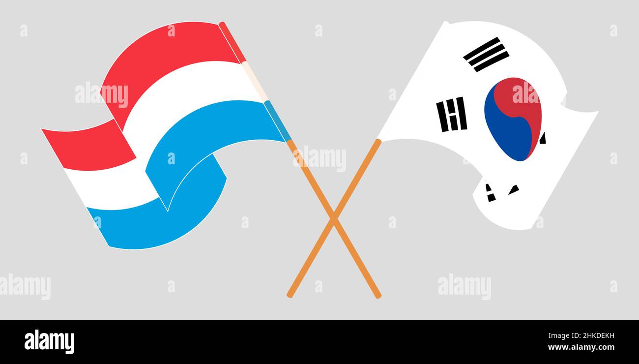 Crossed and waving flags of Luxembourg and South Korea. Vector illustration Stock Vector