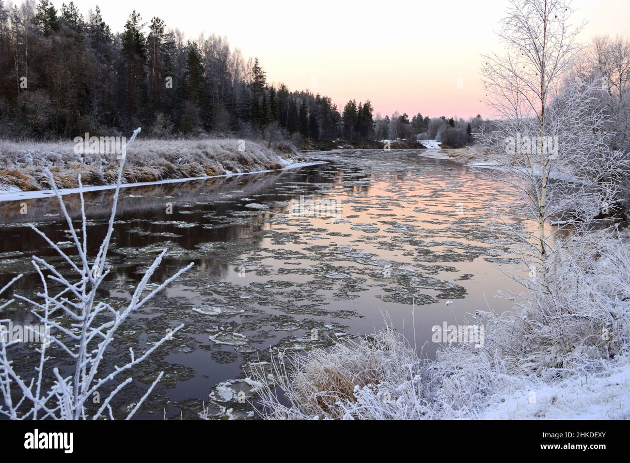 Winter landscape with a river and trees Stock Photo - Alamy