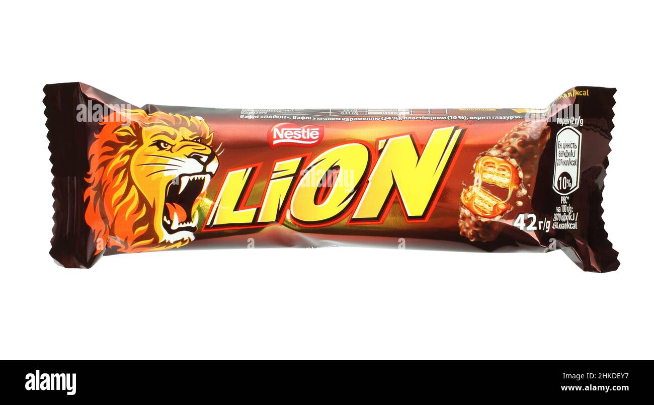 Kiev, Ukraine - December 13, 2021: Lion chocolate bar on white background. Lion is a brand of chocolate bar currently owned and manufactured by Nestle Stock Photo