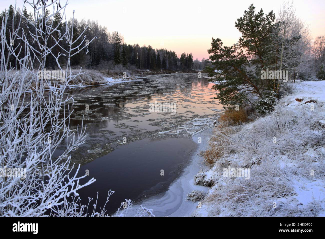 Winter landscape with a river and trees Stock Photo - Alamy