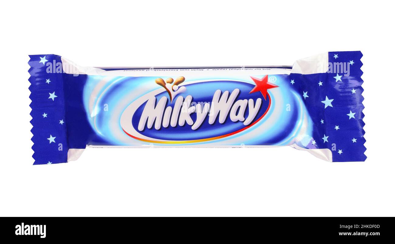 Kiev, Ukraine - December 13, 2021: Milky Way chocolate bar on white background. Milky Way is a brand of chocolate-covered confectionery bar manufactur Stock Photo