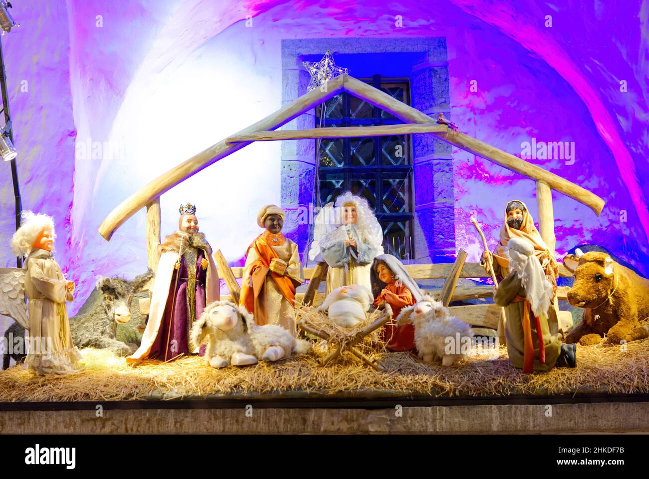 The birth of Jesus Crist scene. Holy Family and Jesus in garden. Stock Photo