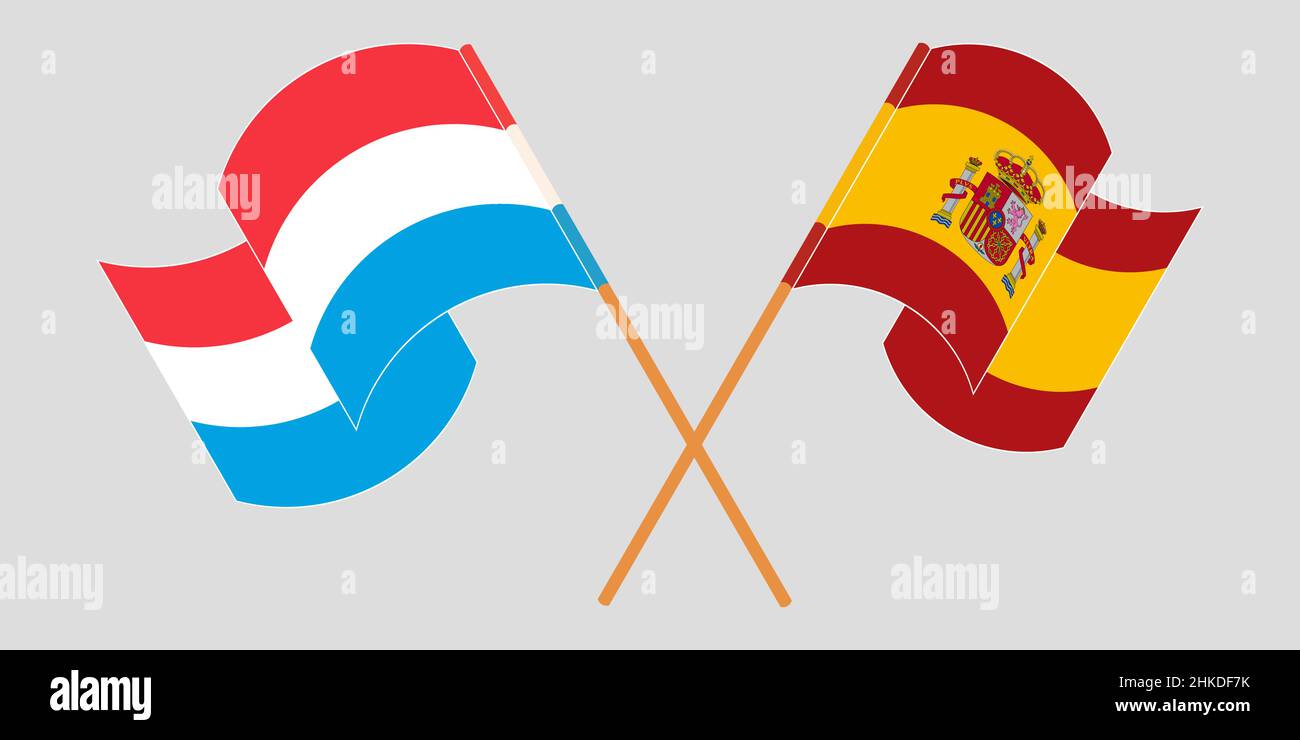 Crossed and waving flags of Luxembourg and Spain. Vector illustration Stock Vector