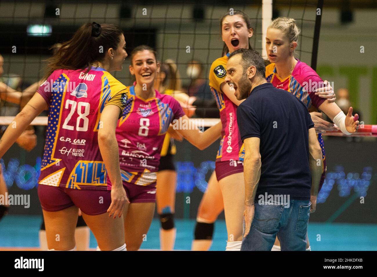 Arena di Monza, Monza, Italy, February 03, 2022, exultation MARCO GASPARI (coach Vero Volley) and Monza players   during  Vero Volley Monza vs VakifBank Istanbul - CEV Champions League Women volleyball match Stock Photo