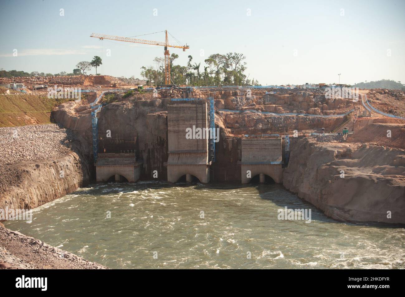 Construction site of the UHE Teles Pires in the Teles Pires River. Stock Photo