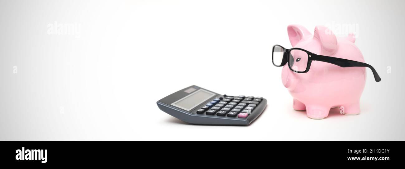 Piggy bank and calculator on white background. Savings and budget ...