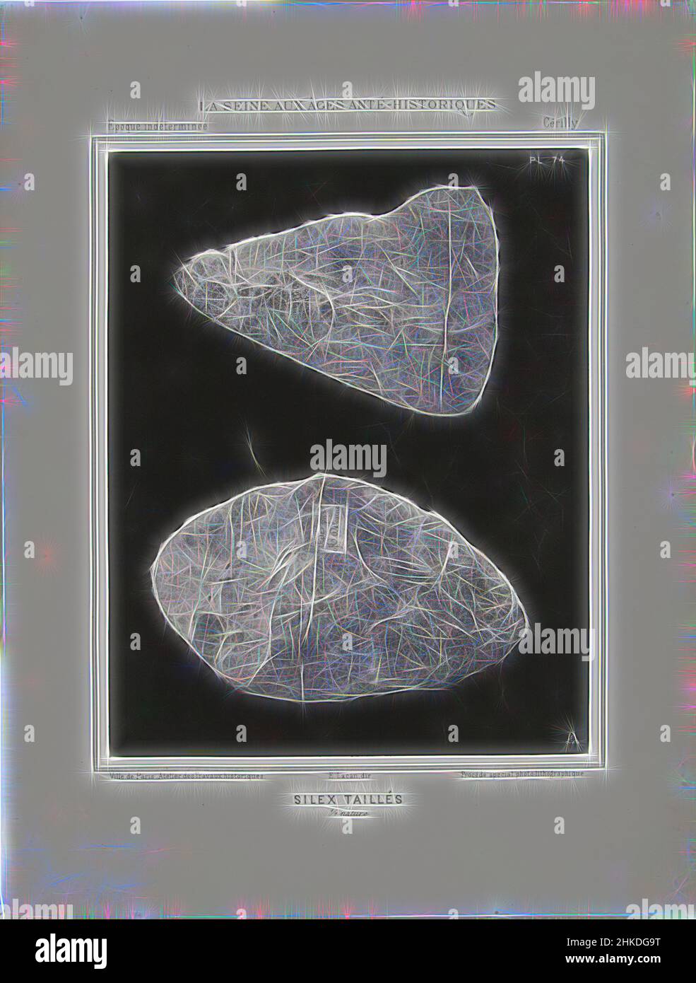 Inspired by Two prehistoric cut flints found in the Seine basin, Silex taillés, La Seine aux âges anté-historiques, Ville de Paris Atelier des Travaux historiques, Paris, 1869, paper, photolithography, height 238 mm × width 189 mmheight 360 mm × width 274 mm, Reimagined by Artotop. Classic art reinvented with a modern twist. Design of warm cheerful glowing of brightness and light ray radiance. Photography inspired by surrealism and futurism, embracing dynamic energy of modern technology, movement, speed and revolutionize culture Stock Photo