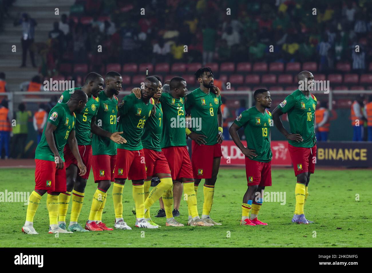 CAMEROON, Yaounde, 03 February 2022 - Andre Zambo Anguissa, Vincent Aboubakar, Karl Toko Ekambi, Nouhou Tolo, Michael Ngadeu, James Lea Siliki, Jean Onana, Collins Fai of Cameroon during the Africa Cup of Nations play offs semi final match between Cameroon and Egypt at Stade d'Olembe, Yaounde, Cameroon, 03/02/2022/ Photo by SF Credit: Sebo47/Alamy Live News Stock Photo