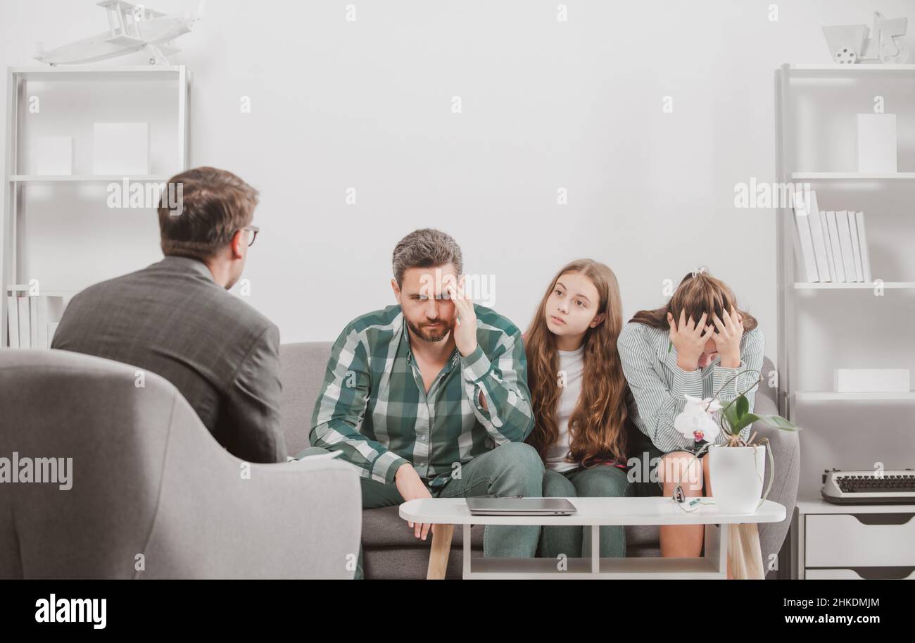 Psychology, mental family therapy, psychologist with family at psychotherapy session on psychological consultation. Family therapy, social service Stock Photo