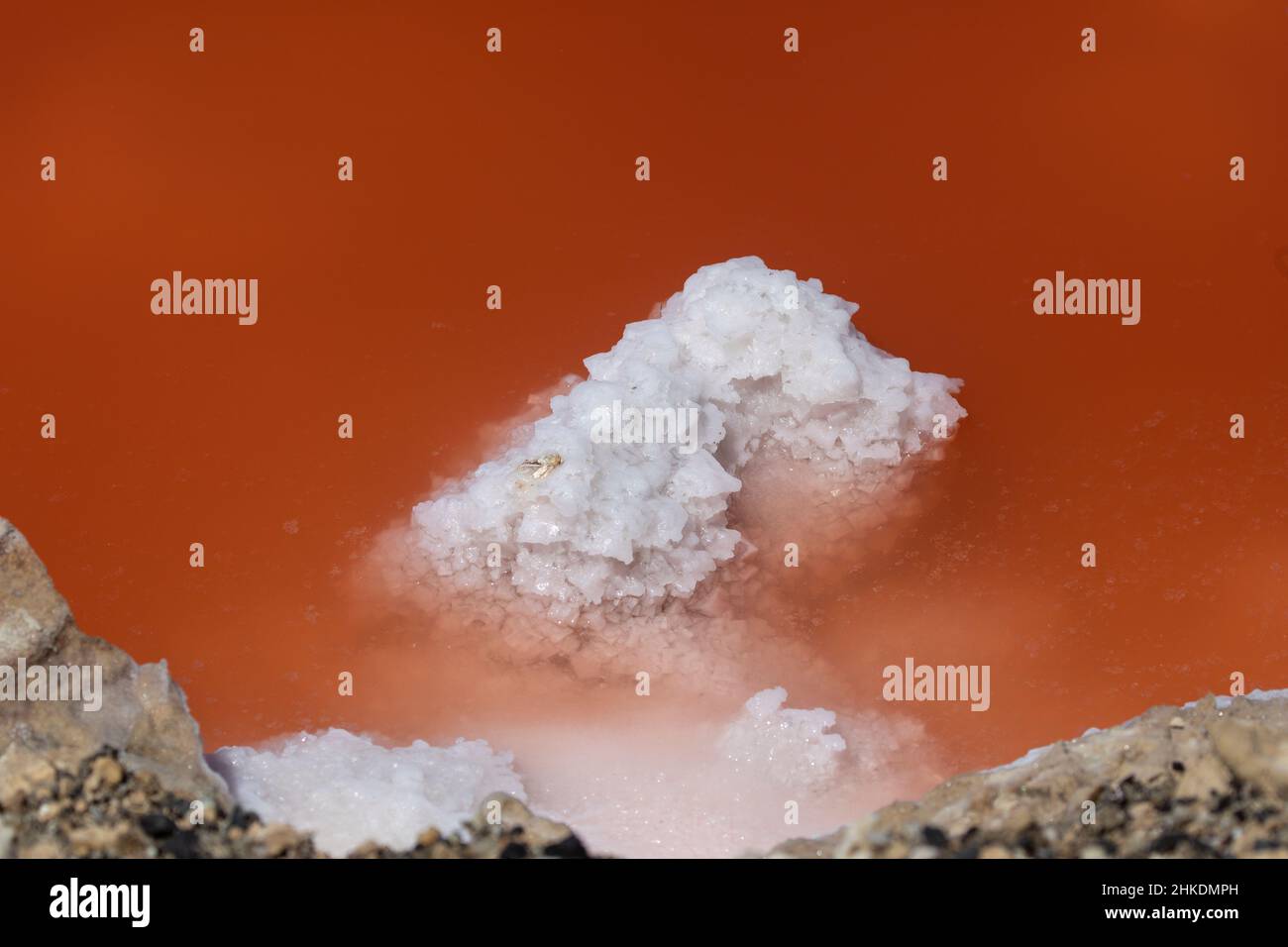 Sea salt crystallising out in an evaporation pan at a commercial salt works during the production of table salt Stock Photo