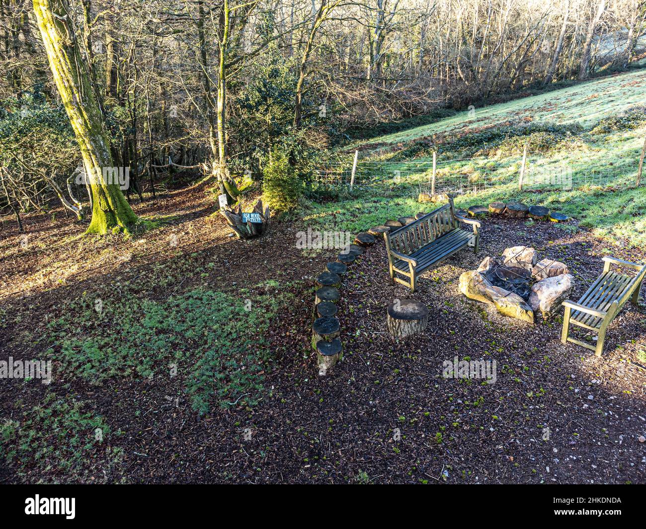 seating area in a woodland getaway, South Devon, United Kingdom Stock Photo