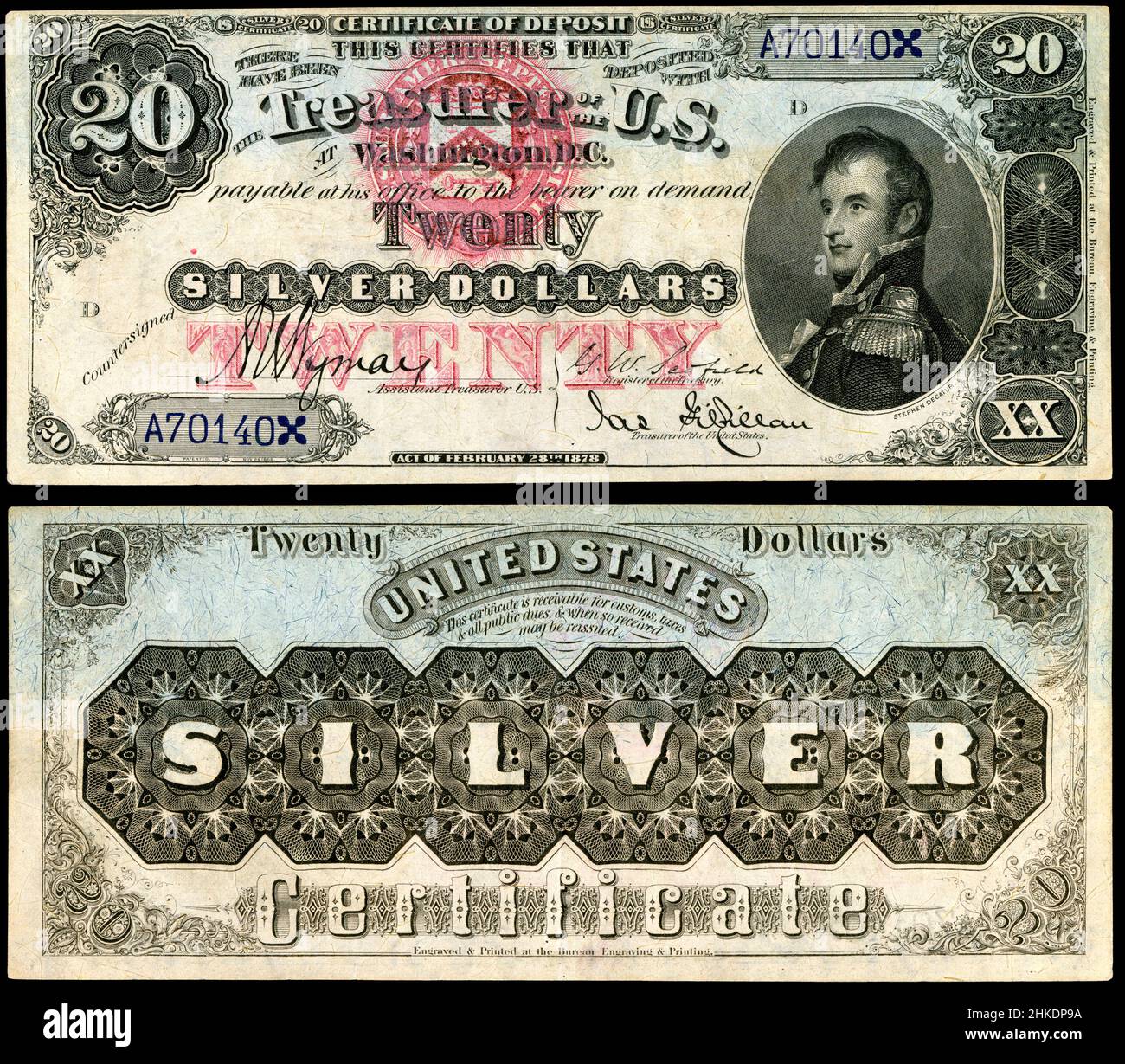 $20 Silver Certificate, Series of 1878, depicting Stephen Decatur. Engraved signatures of Scofield (Register of the Treasury) and Gilfillan (Treasurer of the United States). Countersigned by Albert U. Wyman. Stock Photo