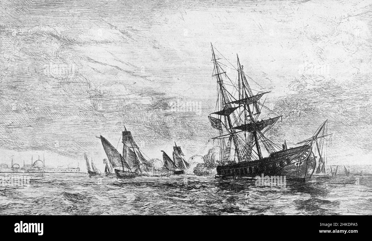 Illustration of the USS Philadelphia, a 38-gun frigate, commissioned in 1800. Stranding and capture on October 31, 1803 Stock Photo