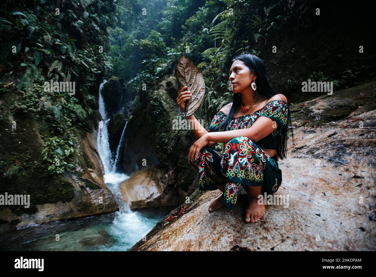 Indigenous Sapara person in the Amazon Rainforest Stock Photo