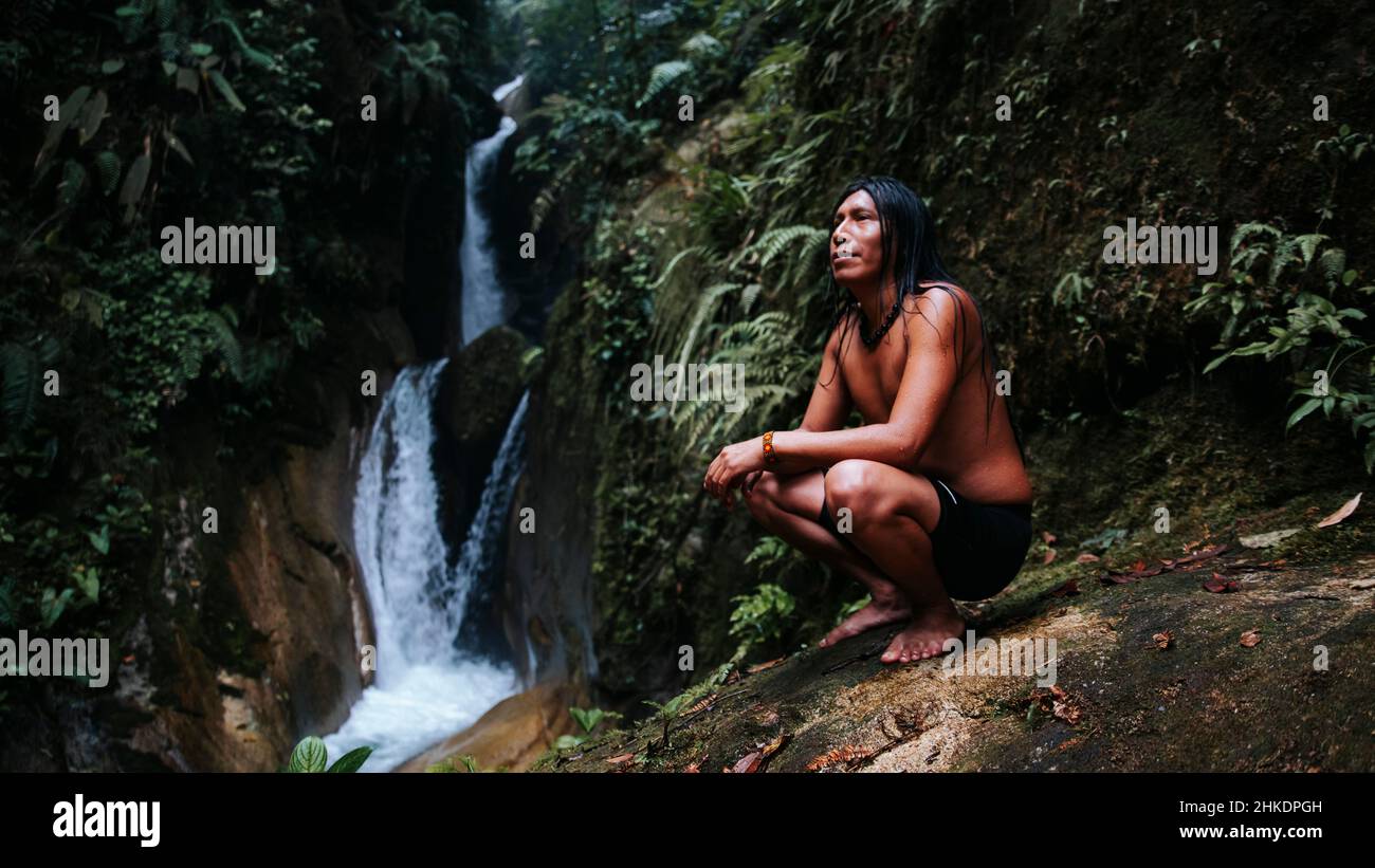 Indigenous Sapara person in the Amazon Rainforest Stock Photo