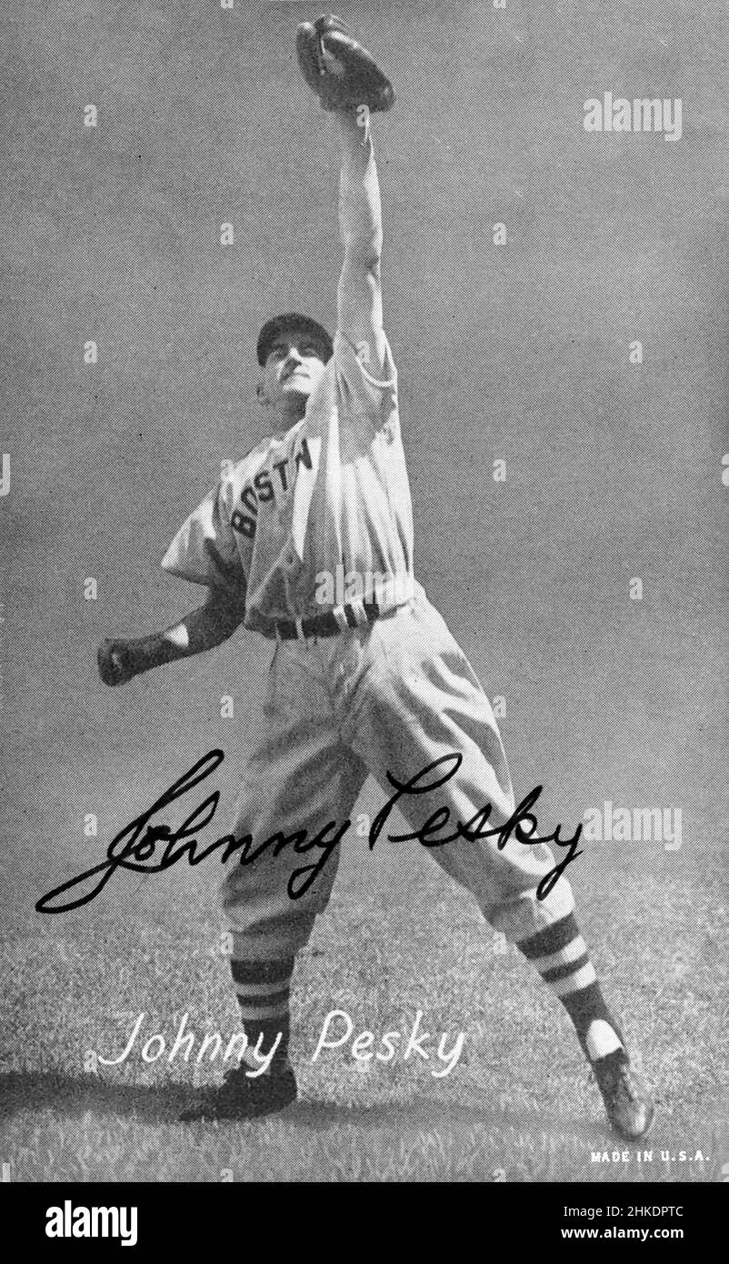 Autographed Exhibit card featuring Johnny Pesky of the Boston Red Sox. Stock Photo