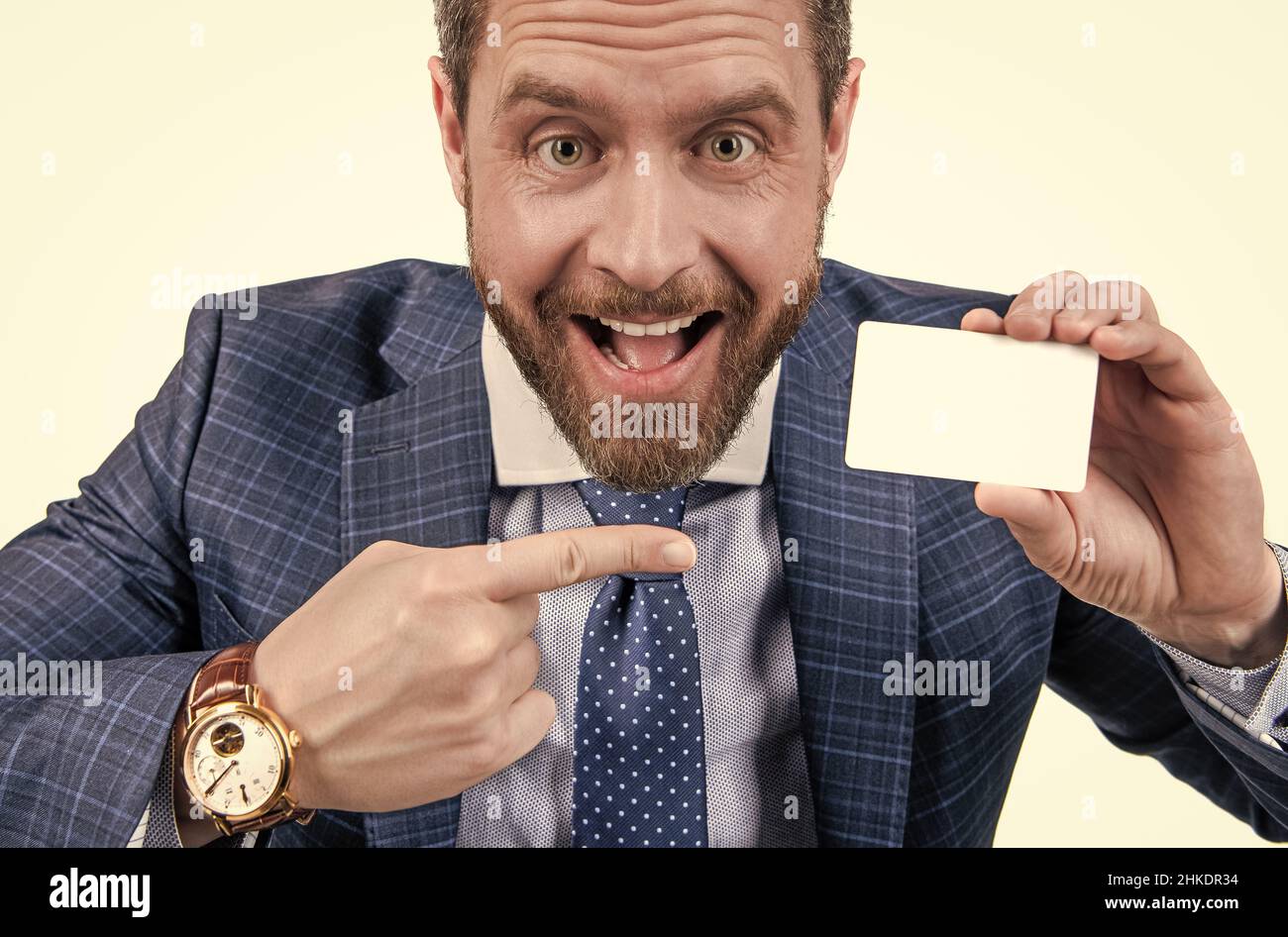 call me. contact us. businessman demonstrating credit or debit card. Stock Photo