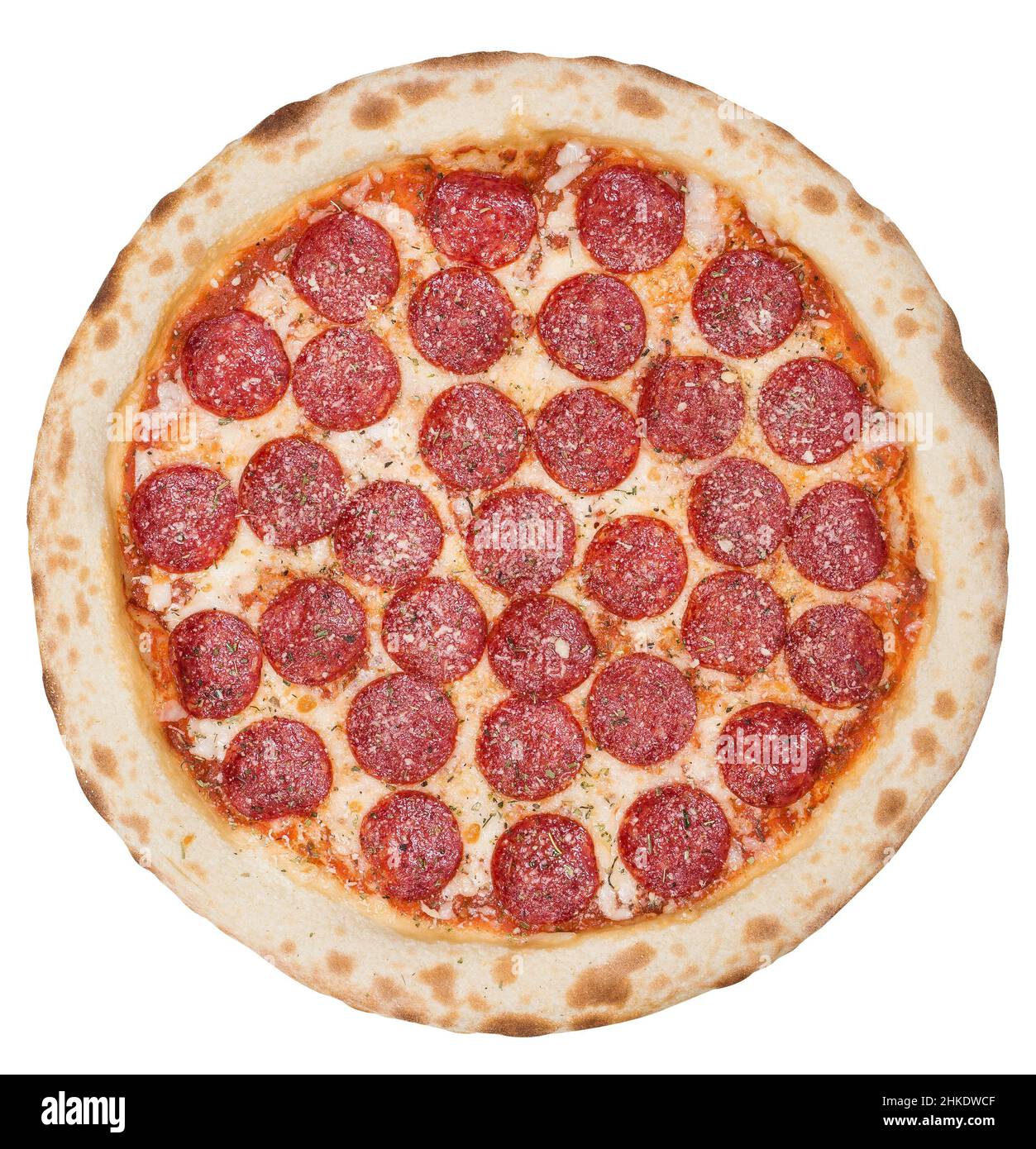 Tasty italian classic original pepperoni pizza. Top view. Isolated on ...