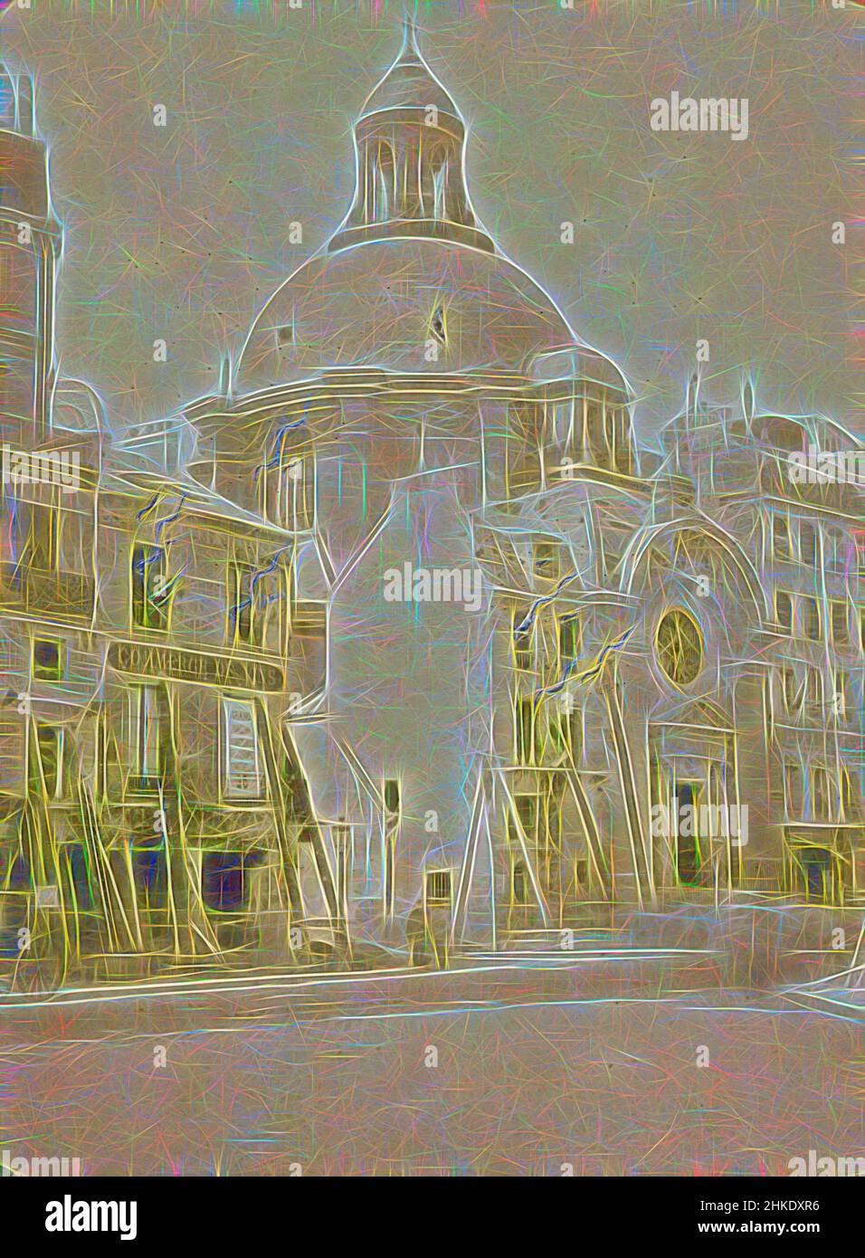Inspired by Destruction around the Temple du Marais by the Paris Commune, Destructions de la Commune, Eglise Ste Marie (original title), Like stereotissues, this photograph was made to be viewed in transmitted light. This allows color effects and the suggestion of flames to be seen., Eugène Hanau, Reimagined by Artotop. Classic art reinvented with a modern twist. Design of warm cheerful glowing of brightness and light ray radiance. Photography inspired by surrealism and futurism, embracing dynamic energy of modern technology, movement, speed and revolutionize culture Stock Photo