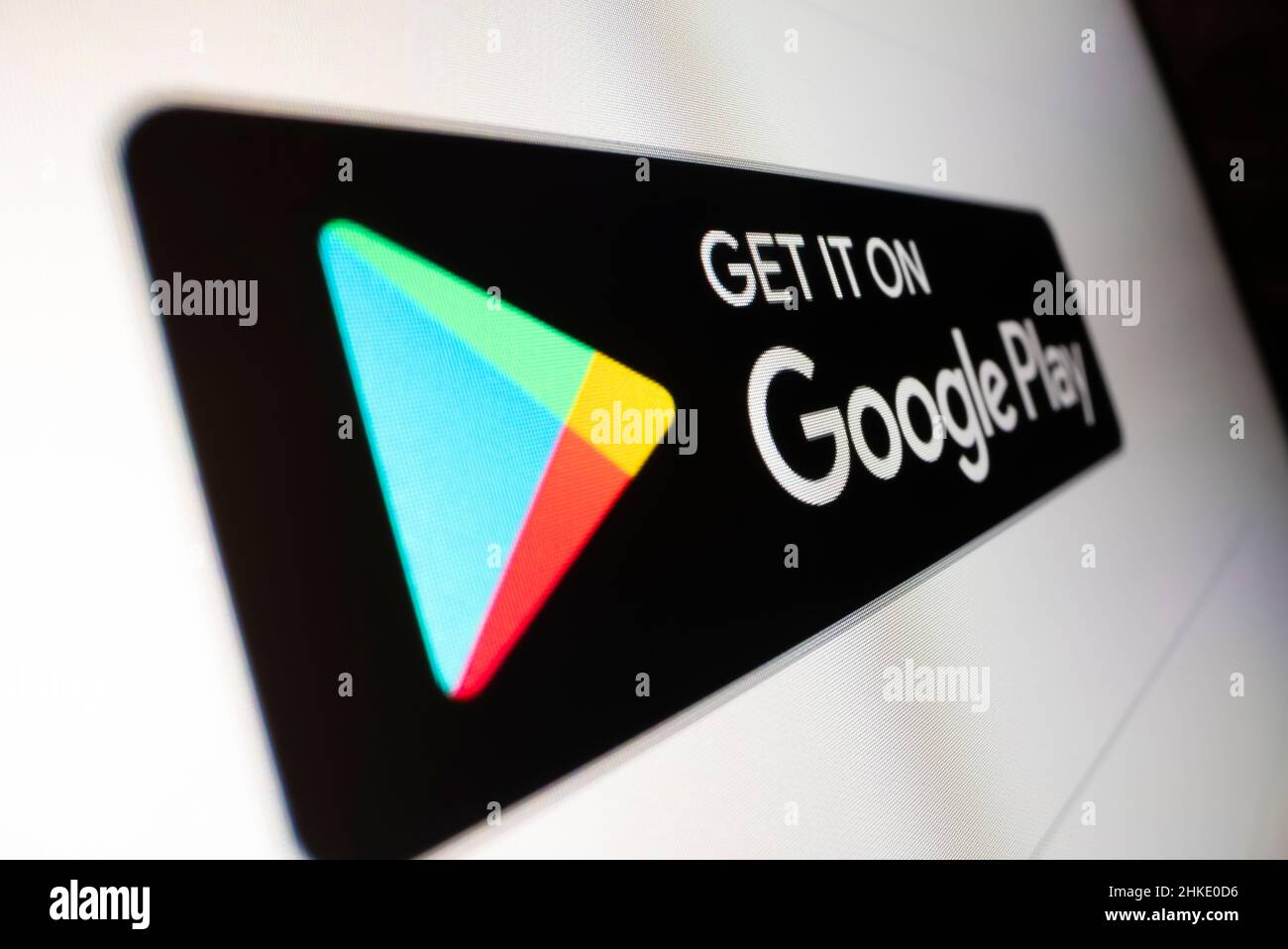 Melbourne, Australia - Feb 4, 2022: Close-up view of Get it on Google Play badge on a website, shot with macro probe lens Stock Photo