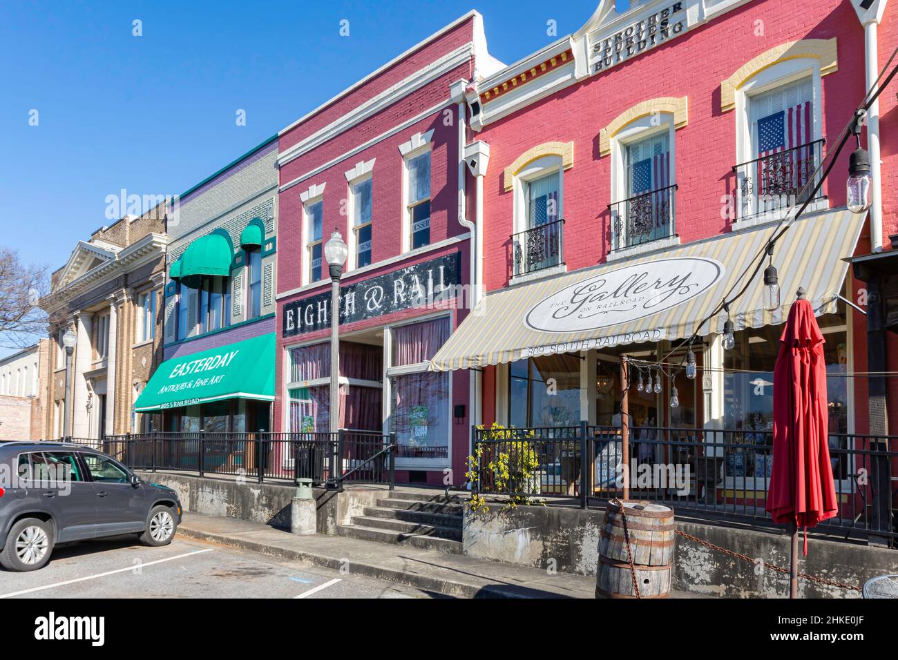 Opelika, Alabama, USA-March 3, 2021: Historic buildings along Railroad 