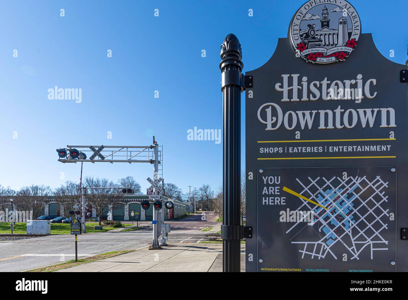 Opelika, Alabama, USA-March 3, 2021:Sign for Historic Downtown Opelika on Railroad Street. Stock Photo
