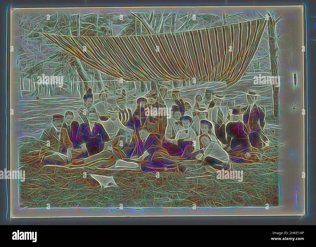 Inspired by Group portrait of the Geertsema family with Karel van den Berg and Frans and Poppie van den Berg and others, sitting on the grass in the woods under a striped awning, A.C.M. Geertsema, (circle of), Netherlands, c. 1900 - c. 1901, height 180 mm × width 126 mm, Reimagined by Artotop. Classic art reinvented with a modern twist. Design of warm cheerful glowing of brightness and light ray radiance. Photography inspired by surrealism and futurism, embracing dynamic energy of modern technology, movement, speed and revolutionize culture Stock Photo