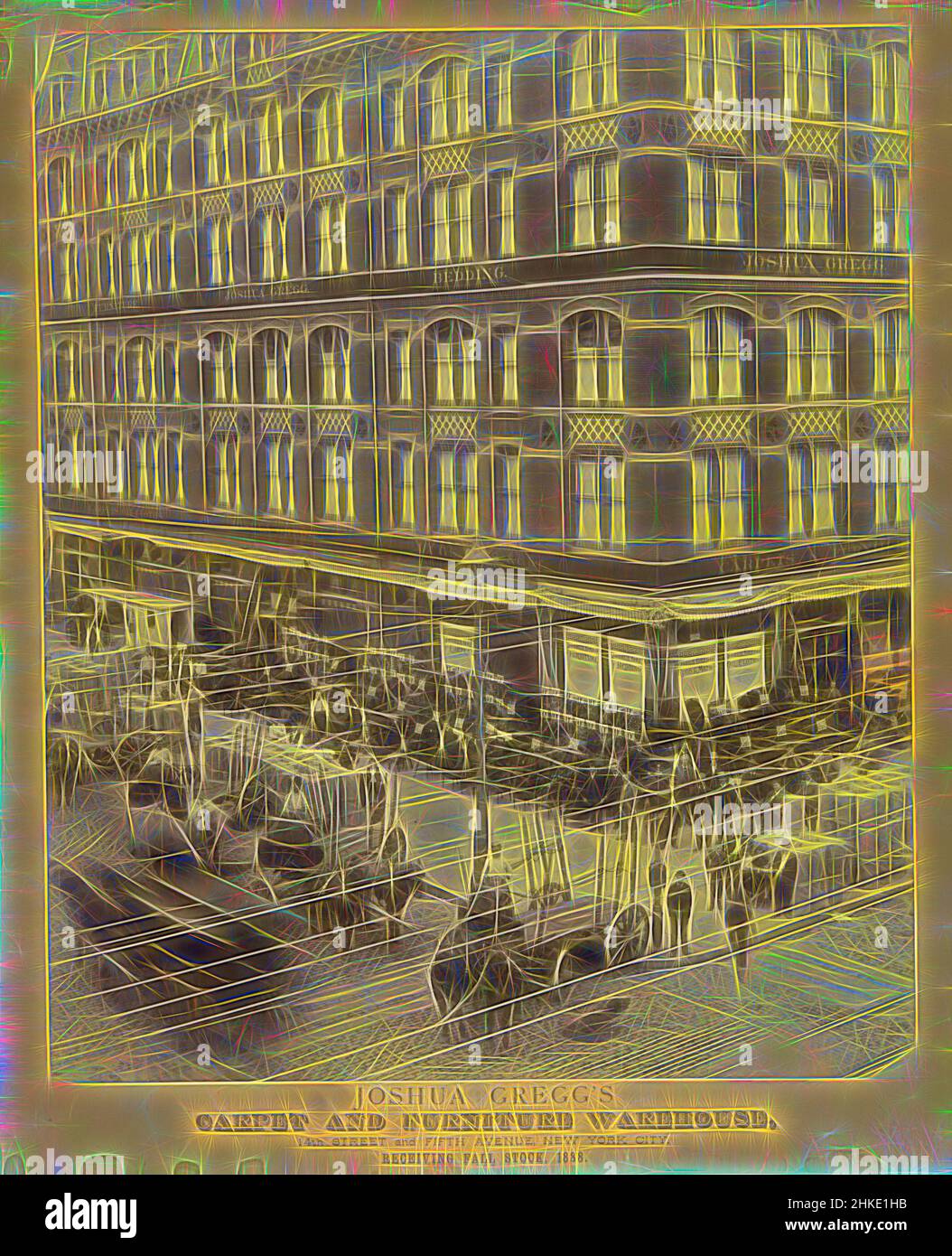 Inspired by Advertising photo for Joshua Gregg's Carpet and Furniture Warehouse, New York City, United States of America, 1888, paper, albumen print, height 608 mm × width 506 mm, height 530 mm × width 440 mm, Reimagined by Artotop. Classic art reinvented with a modern twist. Design of warm cheerful glowing of brightness and light ray radiance. Photography inspired by surrealism and futurism, embracing dynamic energy of modern technology, movement, speed and revolutionize culture Stock Photo