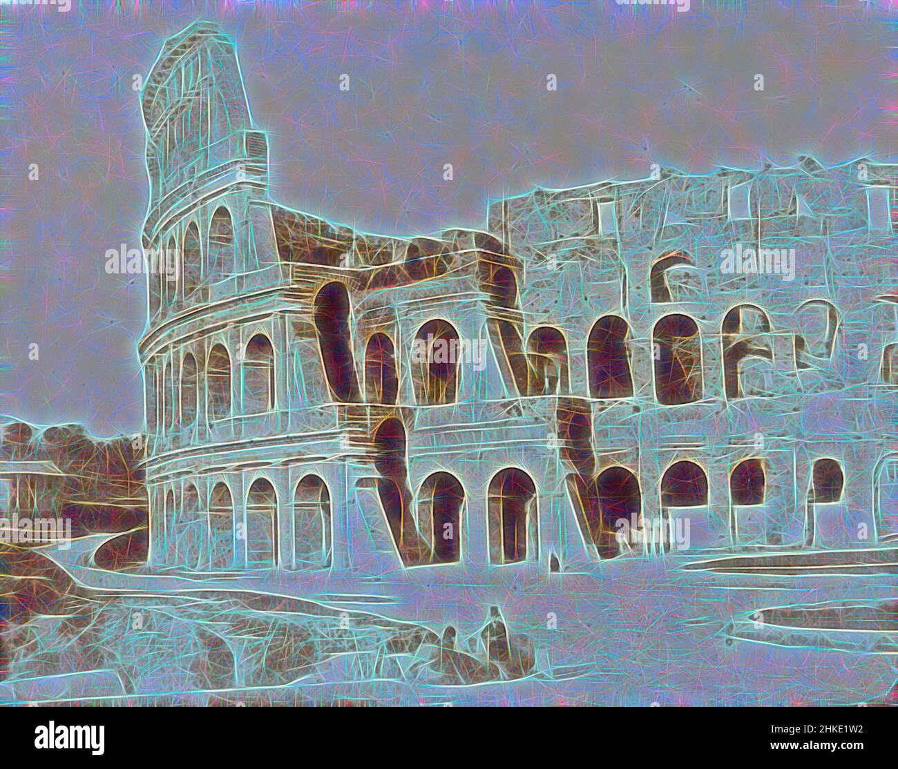Inspired by Colosseum at Rome, Calvert Richard Jones, Rome, Jun-1846, salted paper print, height 185 mm × width 224 mm, Reimagined by Artotop. Classic art reinvented with a modern twist. Design of warm cheerful glowing of brightness and light ray radiance. Photography inspired by surrealism and futurism, embracing dynamic energy of modern technology, movement, speed and revolutionize culture Stock Photo
