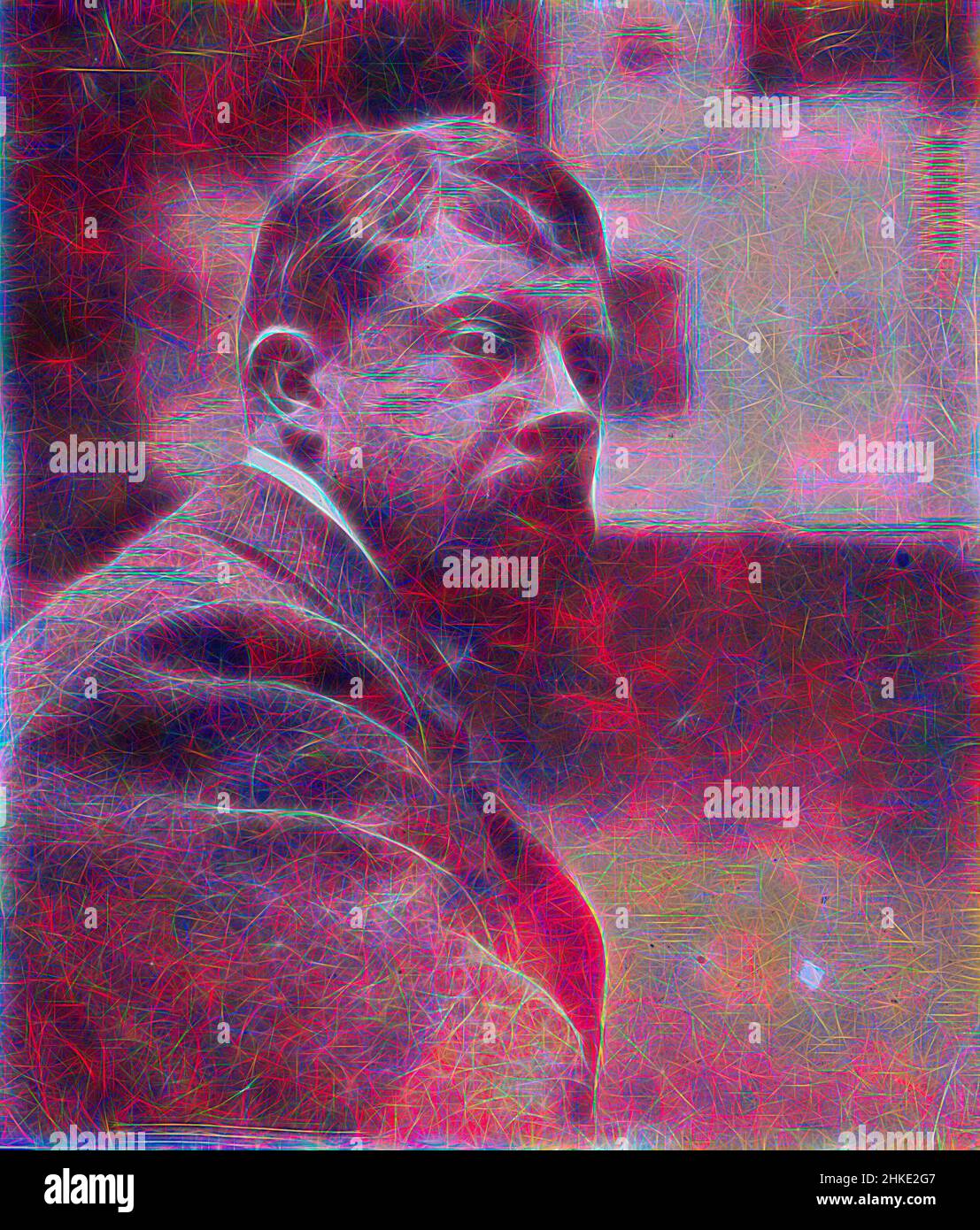 Inspired by Self-portrait of George Hendrik Breitner, George Hendrik Breitner, Amsterdam, c. 1901 - c. 1902, height 90 mm × width 79 mm, Reimagined by Artotop. Classic art reinvented with a modern twist. Design of warm cheerful glowing of brightness and light ray radiance. Photography inspired by surrealism and futurism, embracing dynamic energy of modern technology, movement, speed and revolutionize culture Stock Photo
