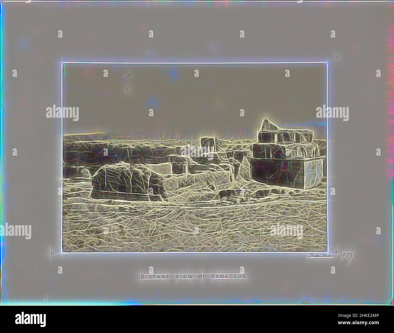 Inspired by View of Damascus, with a ruin in the foreground, Distant view of Damascus, Francis Frith, Damascus, 1857, paper, albumen print, height 242 mm × width 131 mm, Reimagined by Artotop. Classic art reinvented with a modern twist. Design of warm cheerful glowing of brightness and light ray radiance. Photography inspired by surrealism and futurism, embracing dynamic energy of modern technology, movement, speed and revolutionize culture Stock Photo